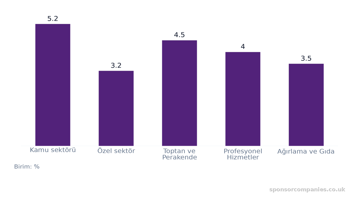 Ekonomik Sektöre Göre Düzenli Maaş Artışı 2026 karşılaştırmasını gösteren çubuk grafik: Değerler: Kamu sektörü: 5.2; Özel sektör: 3.2; Toptan ve Perakende: 4.5; Profesyonel Hizmetler: 4; Ağırlama ve Gıda: 3.5.