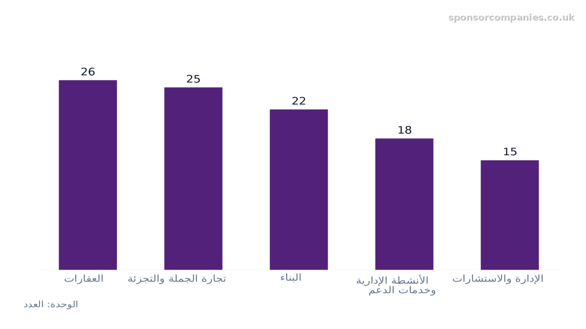 مخطط أعمدة يقارن أعداد الشركات حسب القطاع: القيم: العقارات: 26; تجارة الجملة والتجزئة: 25; البناء: 22; الأنشطة الإدارية وخدمات الدعم: 18; الإدارة والاستشارات: 15.