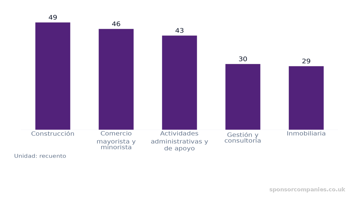 Gráfico de barras que compara Número de empresas por sector en la ciudad: Valores: Construcción: 49; Comercio mayorista y minorista: 46; Actividades administrativas y de apoyo: 43; Gestión y consultoría: 30; Inmobiliaria: 29.