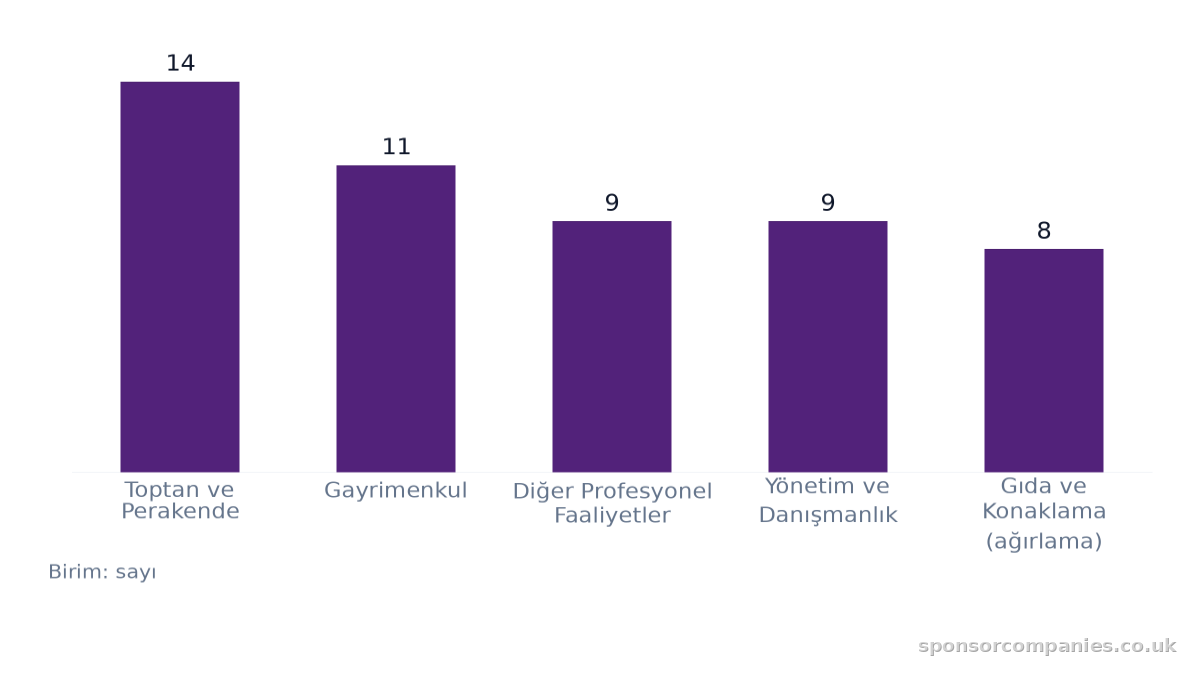 Bedford'da Önde Gelen Sektörlere Göre Sponsor Şirket Sayıları karşılaştırmasını gösteren çubuk grafik: Değerler: Toptan ve Perakende: 14; Gayrimenkul: 11; Diğer Profesyonel Faaliyetler: 9; Yönetim ve Danışmanlık: 9; Gıda ve Konaklama (ağırlama): 8.