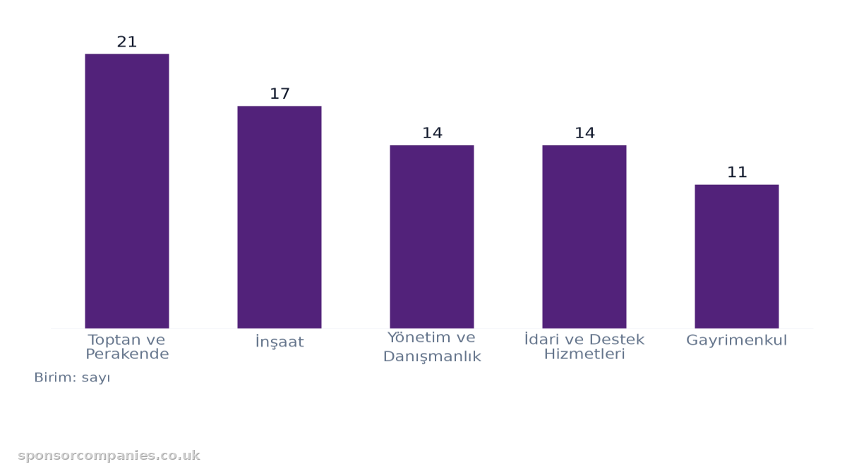 Şehirlere göre sektör sayıları karşılaştırmasını gösteren çubuk grafik: Değerler: Toptan ve Perakende: 21; İnşaat: 17; Yönetim ve Danışmanlık: 14; İdari ve Destek Hizmetleri: 14; Gayrimenkul: 11.