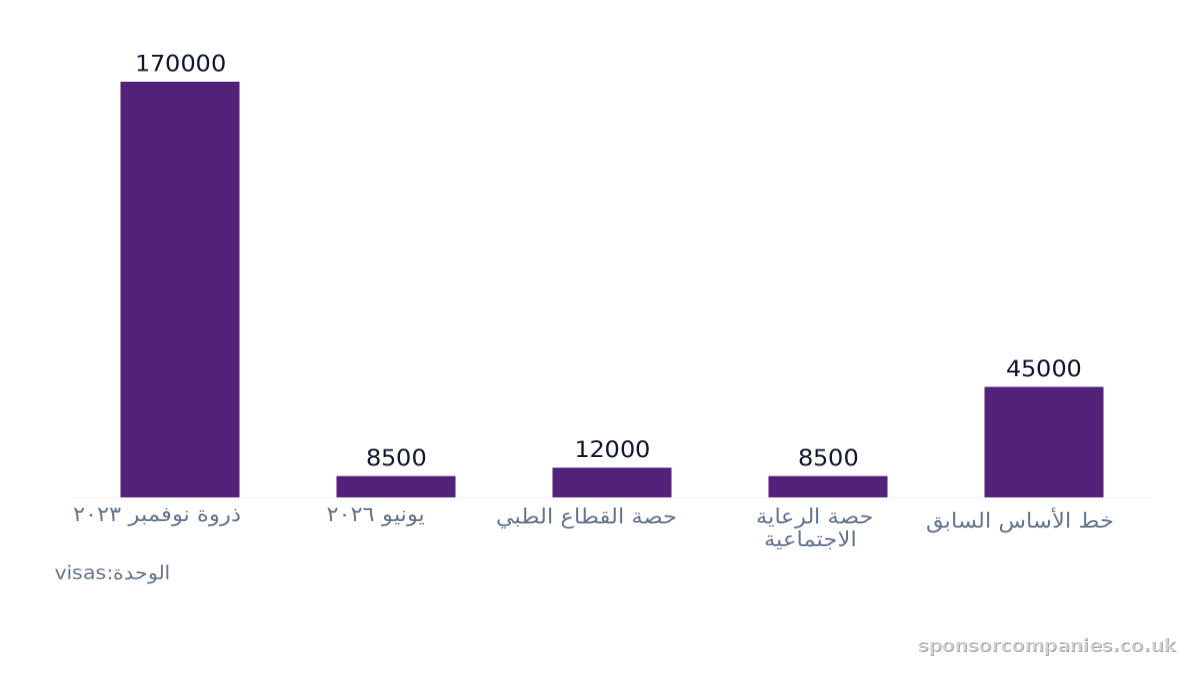 مخطط أعمدة يقارن انخفاض تأشيرات المتقدمين الرئيسيين عن ذروة نوفمبر 2023: القيم: ذروة نوفمبر 2023: 170000; يونيو 2026: 8500; حصة القطاع الطبي: 12000; حصة الرعاية الاجتماعية: 8500; خط الأساس السابق: 45000.