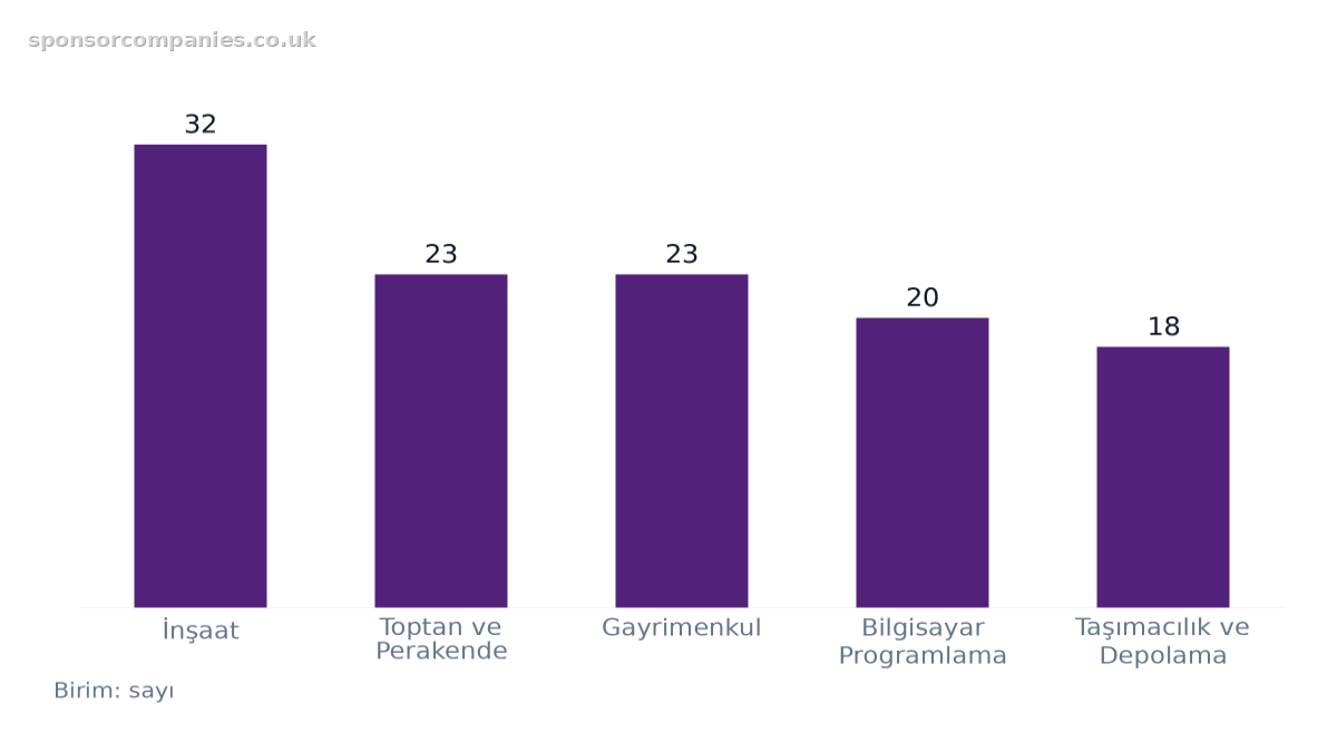 Şehirlere göre sektör sayıları karşılaştırmasını gösteren çubuk grafik: Değerler: İnşaat: 32; Toptan ve Perakende: 23; Gayrimenkul: 23; Bilgisayar Programlama: 20; Taşımacılık ve Depolama: 18.