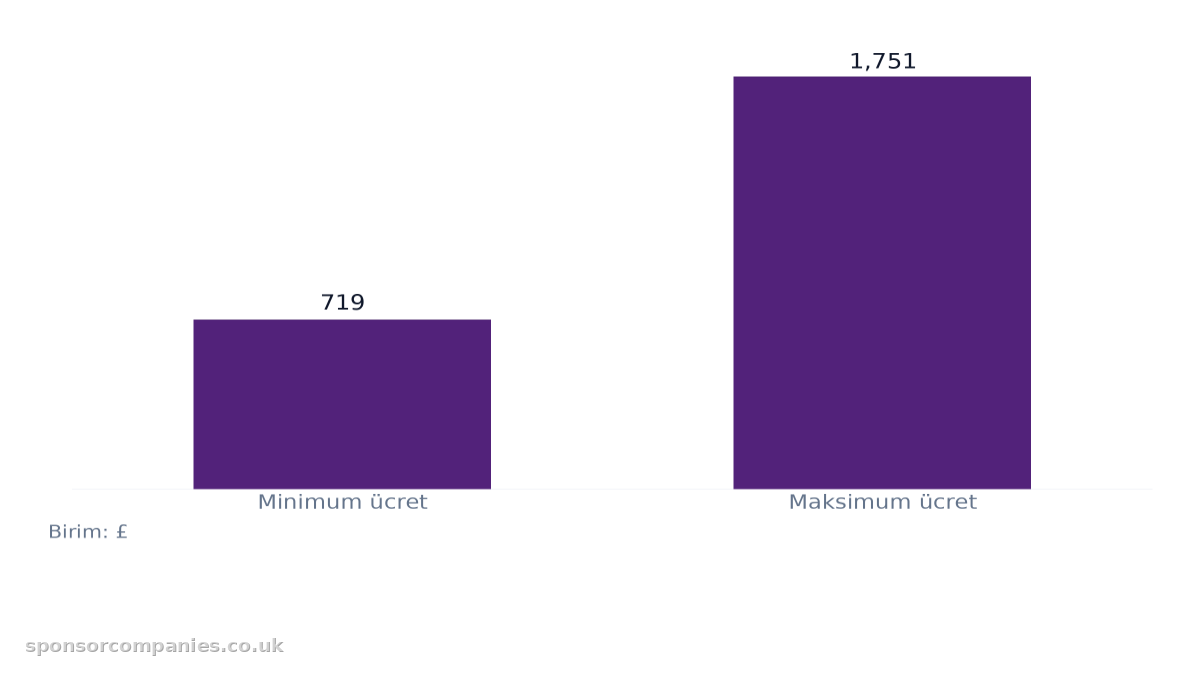 Standart Vize Başvuru Ücret Aralığı karşılaştırmasını gösteren çubuk grafik: Değerler: Minimum ücret: 719; Maksimum ücret: 1,751.