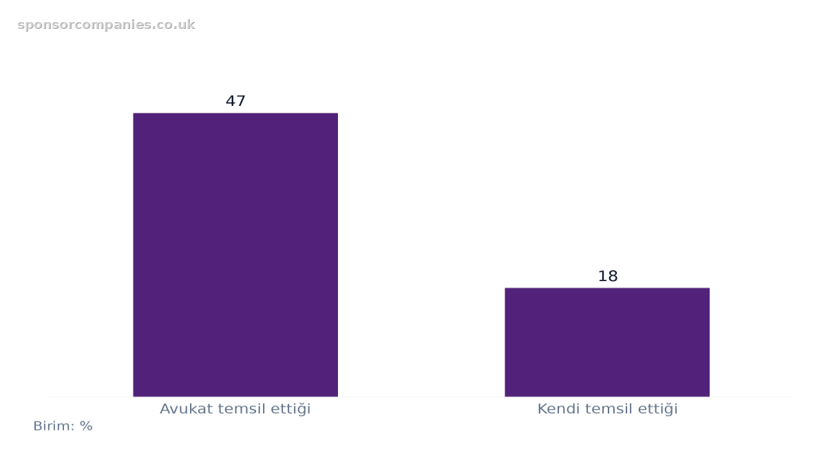 Temsil Türüne Göre Başvuru Başarı Oranı karşılaştırmasını gösteren çubuk grafik: Değerler: Avukat temsil ettiği: 47; Kendi temsil ettiği: 18.