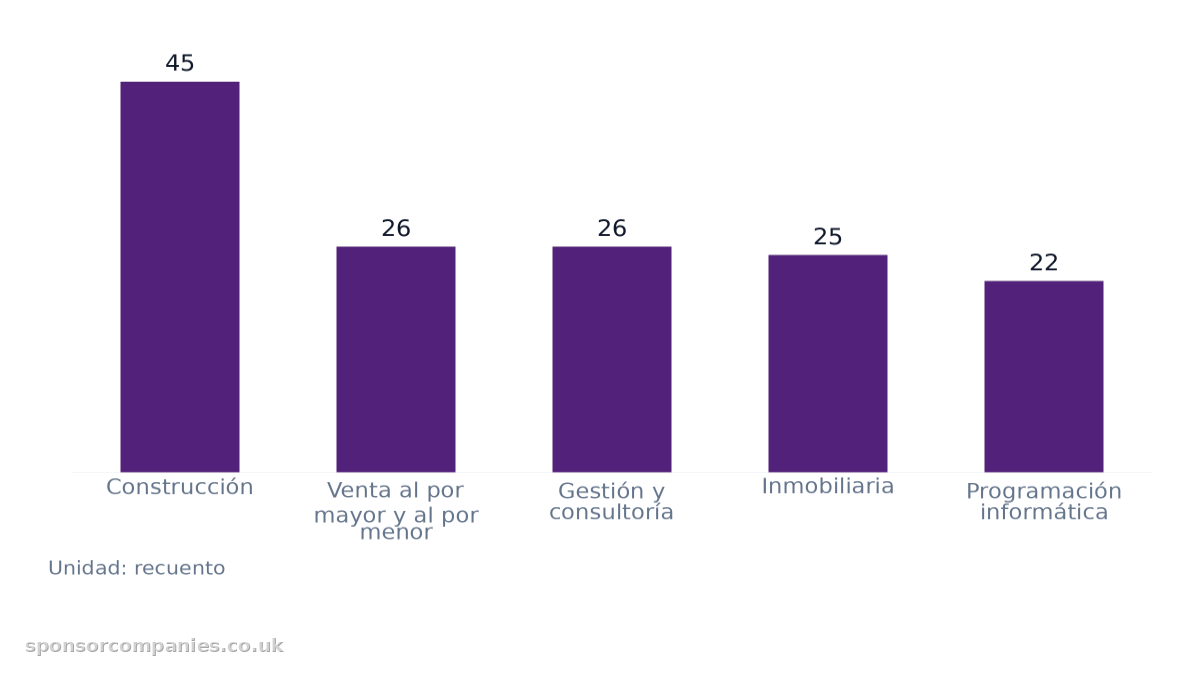 Gráfico de barras que compara Recuento de sectores por ciudad: Valores: Construcción: 45; Venta al por mayor y al por menor: 26; Gestión y consultoría: 26; Inmobiliaria: 25; Programación informática: 22.