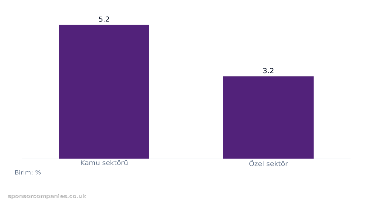 2026 Başlarında Sektörel Bazda Düzenli Maaş Artışı karşılaştırmasını gösteren çubuk grafik: Değerler: Kamu sektörü: 5.2; Özel sektör: 3.2.