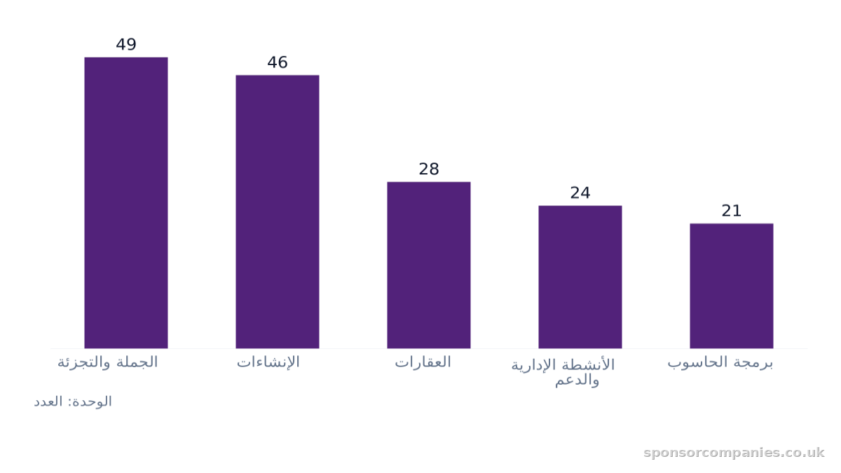 مخطط أعمدة يقارن أعداد القطاعات حسب المدينة: القيم: الجملة والتجزئة: 49; الإنشاءات: 46; العقارات: 28; الأنشطة الإدارية والدعم: 24; برمجة الحاسوب: 21.