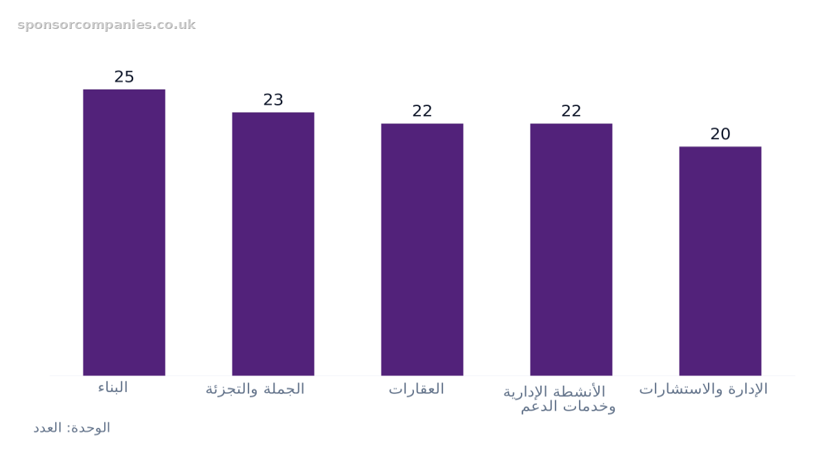 مخطط أعمدة يقارن أعداد الصناعات حسب المدينة: القيم: البناء: 25; الجملة والتجزئة: 23; العقارات: 22; الأنشطة الإدارية وخدمات الدعم: 22; الإدارة والاستشارات: 20.
