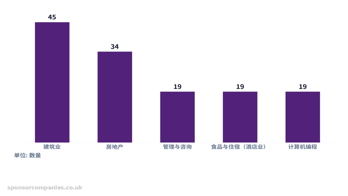 比较各城市行业统计的柱状图。数值:建筑业: 45; 房地产: 34; 管理与咨询: 19; 食品与住宿(酒店业): 19; 计算机编程: 19。