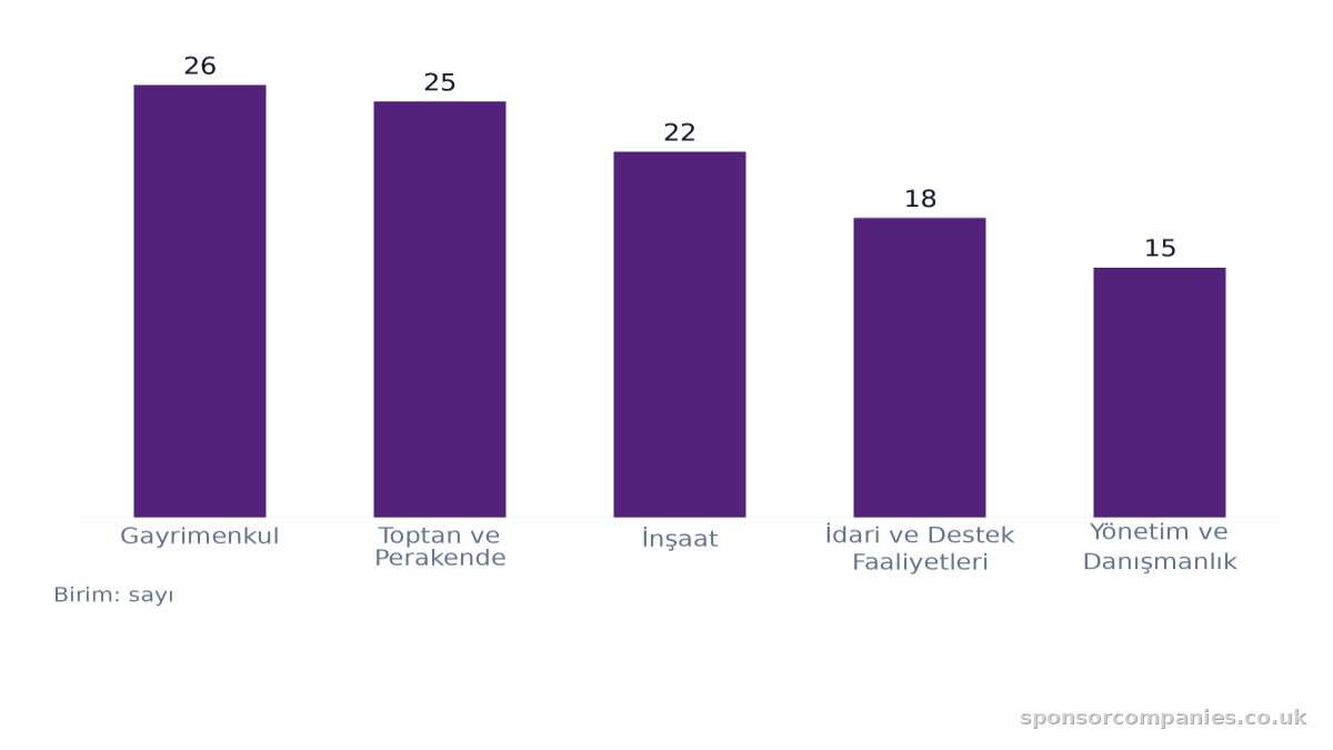Şehirlere göre sektör sayıları karşılaştırmasını gösteren çubuk grafik: Değerler: Gayrimenkul: 26; Toptan ve Perakende: 25; İnşaat: 22; İdari ve Destek Faaliyetleri: 18; Yönetim ve Danışmanlık: 15.