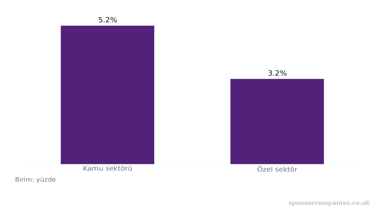 Sektöre Göre Düzenli Maaş Artışı karşılaştırmasını gösteren çubuk grafik: Değerler: Kamu sektörü: 5.2%; Özel sektör: 3.2%.