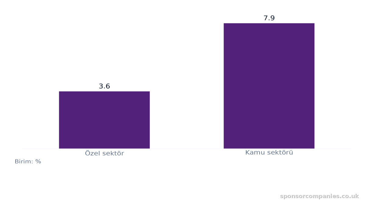 Sektöre Göre Düzenli Maaş Artışı karşılaştırmasını gösteren çubuk grafik: Değerler: Özel sektör: 3.6; Kamu sektörü: 7.9.