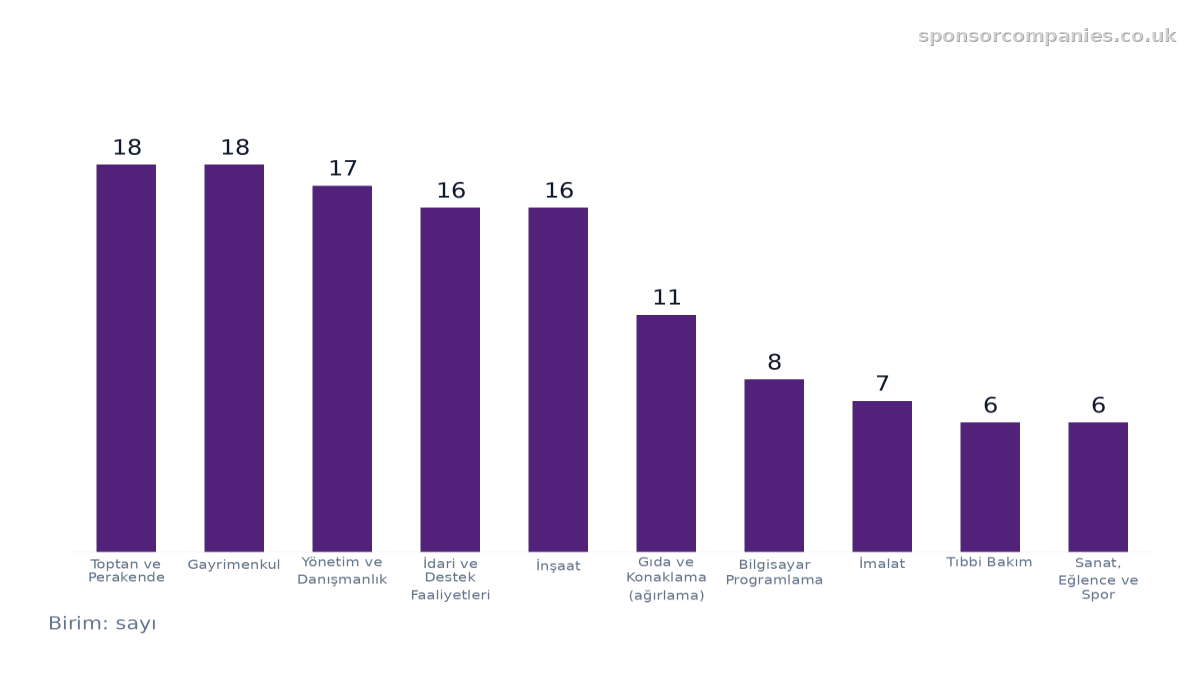 Şehirlere göre sektör sayıları karşılaştırmasını gösteren çubuk grafik: Değerler: Toptan ve Perakende: 18; Gayrimenkul: 18; Yönetim ve Danışmanlık: 17; İdari ve Destek Faaliyetleri: 16; İnşaat: 16; Gıda ve Konaklama (ağırlama): 11; Bilgisayar Prog…