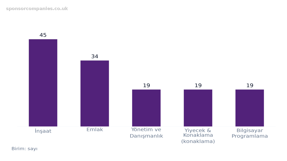 Şehre göre sektör sayıları karşılaştırmasını gösteren çubuk grafik: Değerler: İnşaat: 45; Emlak: 34; Yönetim ve Danışmanlık: 19; Yiyecek & Konaklama (konaklama): 19; Bilgisayar Programlama: 19.