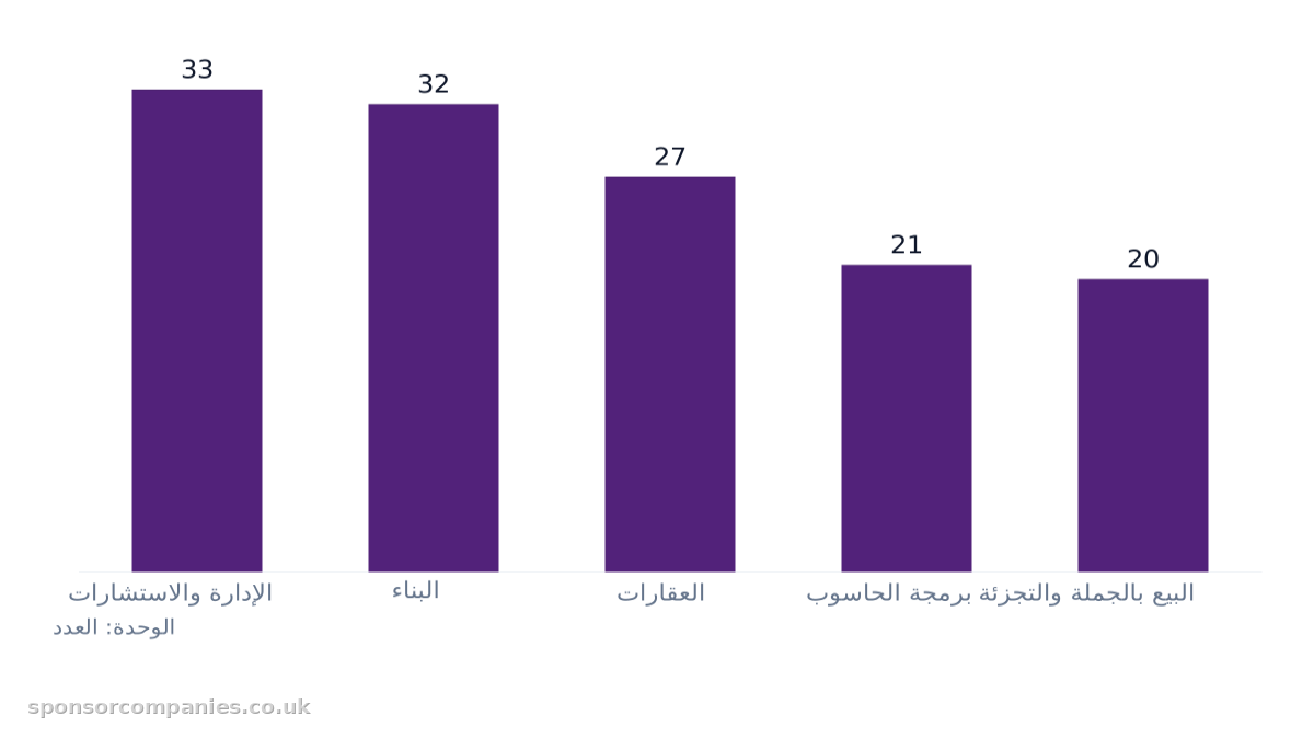 مخطط أعمدة يقارن أعداد القطاعات حسب المدينة: القيم: الإدارة والاستشارات: 33; البناء: 32; العقارات: 27; برمجة الحاسوب: 21; البيع بالجملة والتجزئة: 20.