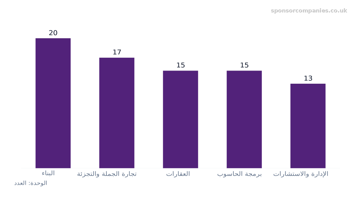 مخطط أعمدة يقارن عدد القطاعات حسب المدينة: القيم: البناء: 20; تجارة الجملة والتجزئة: 17; العقارات: 15; برمجة الحاسوب: 15; الإدارة والاستشارات: 13.