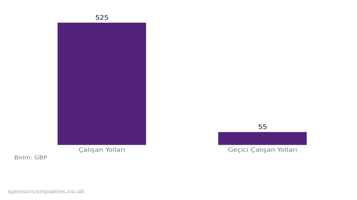 Yola Göre Sponsorluk Sertifikası (CoS) Maliyetleri karşılaştırmasını gösteren çubuk grafik: Değerler: Çalışan Yolları: 525; Geçici Çalışan Yolları: 55.