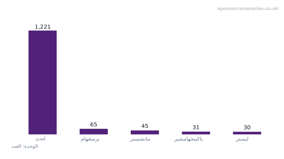 مخطط أعمدة يقارن المدن حسب عدد الشركات في القطاع: القيم: لندن: 1,221; برمنغهام: 65; مانشستر: 45; باكينجهامشير: 31; ليستر: 30.