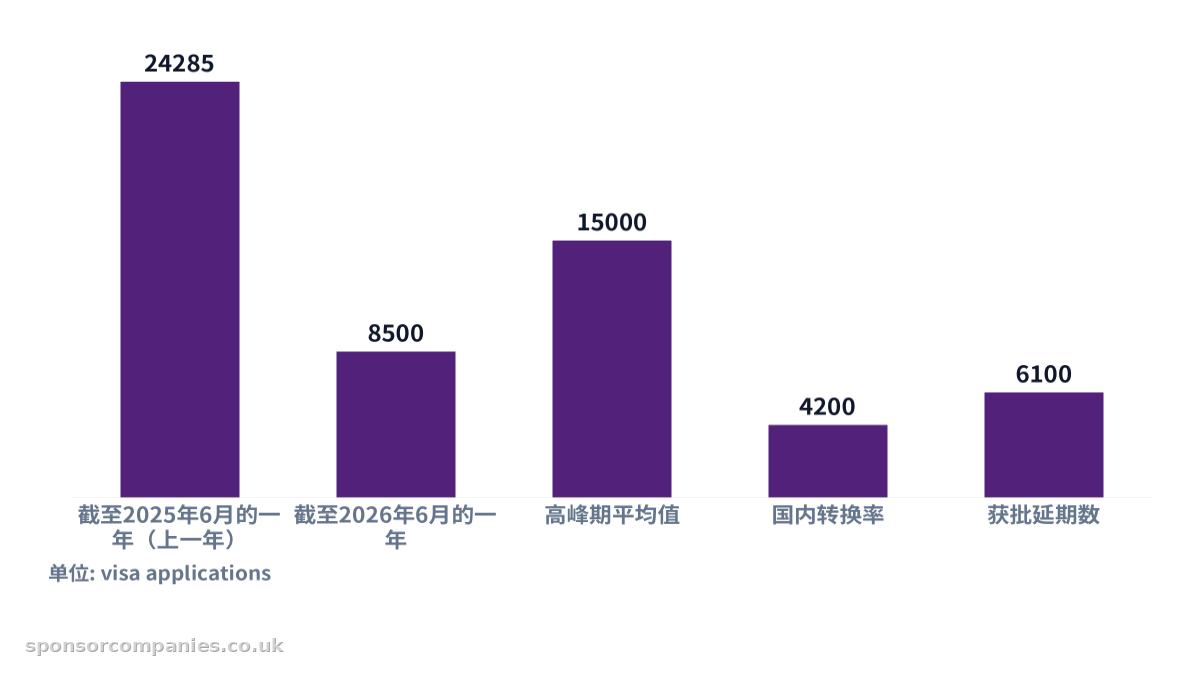 比较医疗与护理签证申请量同比下降的柱状图。数值：截至2025年6月的一年（上一年）: 24285; 截至2026年6月的一年: 8500; 高峰期平均值: 15000; 国内转换率: 4200; 获批延期数: 6100。