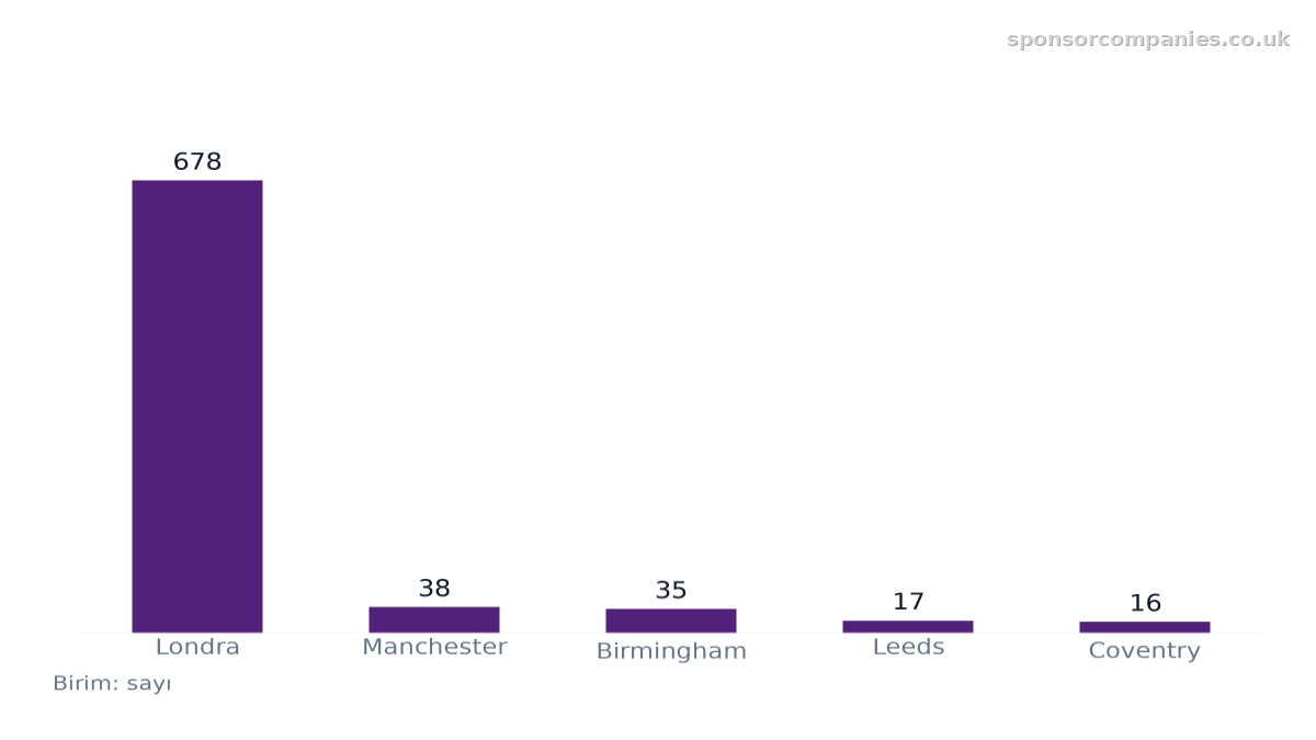 Sektör sayısına göre şehirler karşılaştırmasını gösteren çubuk grafik: Değerler: Londra: 678; Manchester: 38; Birmingham: 35; Leeds: 17; Coventry: 16.